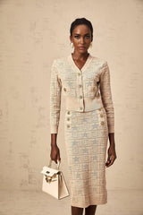 Two piece khaki crochet knit set featuring star pattern cardigan and matching skirt