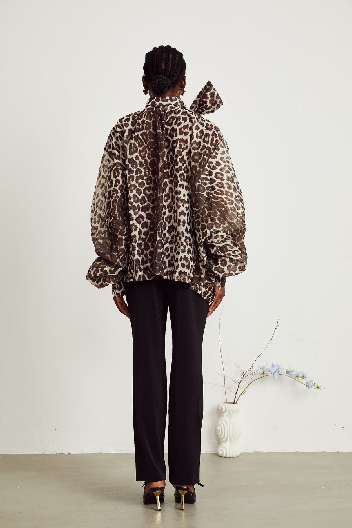 Ursula Blouse with Leopard Print Oversize Sleeves & Attached Scarf