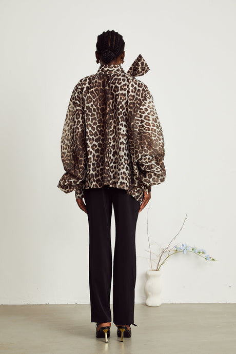 Ursula Blouse with Leopard Print Oversize Sleeves & Attached Scarf