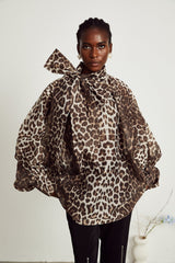 Ursula Blouse with Leopard Print Oversize Sleeves & Attached Scarf
