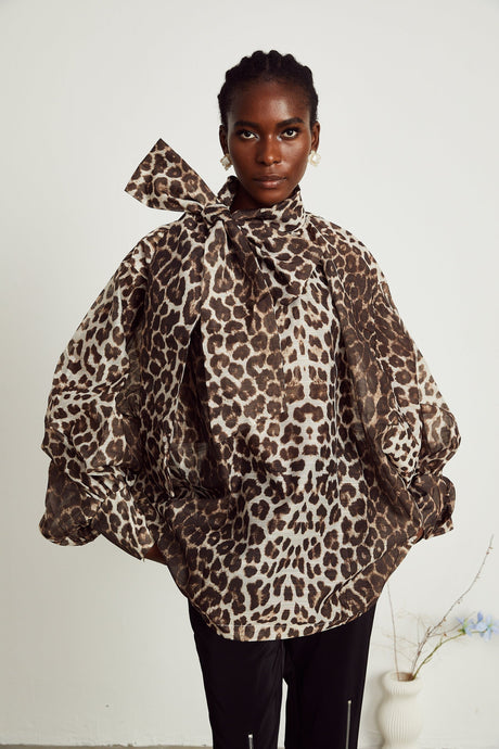 Ursula Blouse with Leopard Print Oversize Sleeves & Attached Scarf