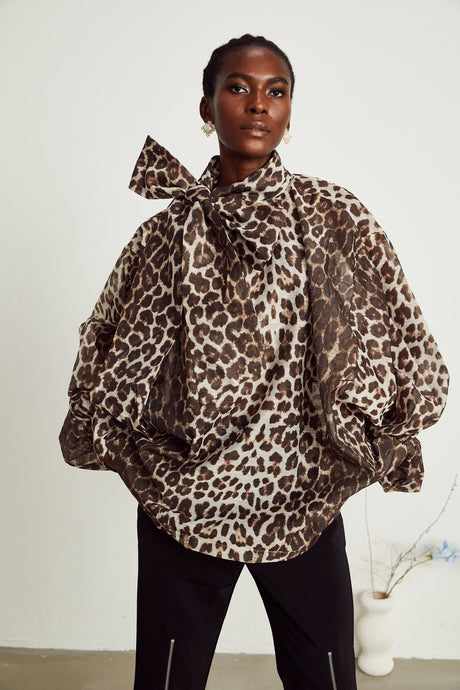 Ursula Blouse with Leopard Print Oversize Sleeves & Attached Scarf