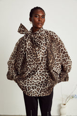 Ursula Blouse with Leopard Print Oversize Sleeves & Attached Scarf