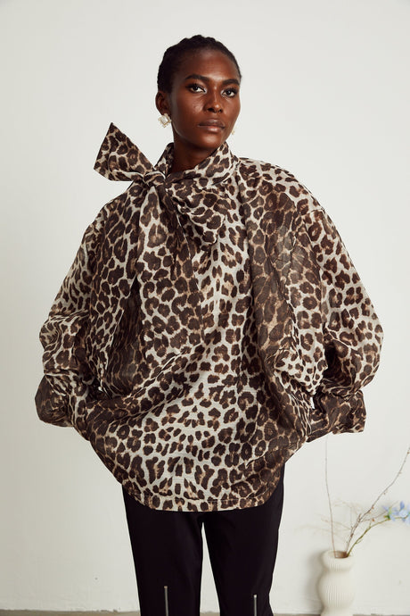 Ursula Blouse with Leopard Print Oversize Sleeves & Attached Scarf