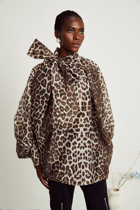 Ursula Blouse with Leopard Print Oversize Sleeves & Attached Scarf