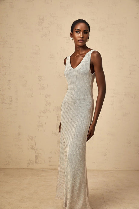 Vada Maxi Dress Grey & Silver Rhinestone Knit