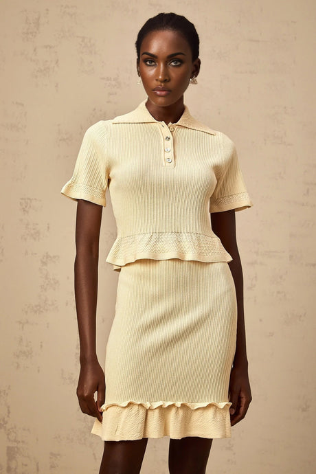 Vada Top & Skirt Set Yellow Ribbed Ruffle Hem Coord