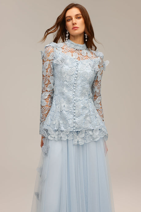 Valentina Blue Lace Floral Two-Piece Dress