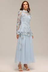 Valentina Blue Lace Two Piece Dress Floral Accents High Neckline