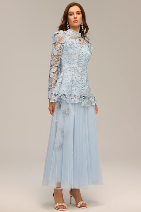 Valentina Blue Lace Two Piece Dress Floral Accents High Neckline