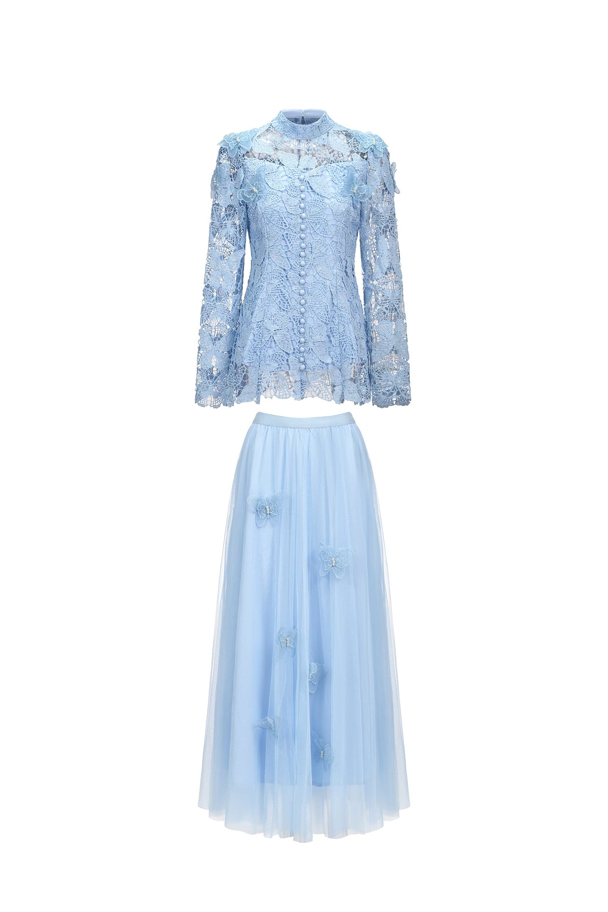 Valentina Blue Lace Two-Piece Dress Floral Accents High Neckline