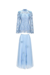 Valentina Blue Lace Two-Piece Dress Floral Accents High Neckline