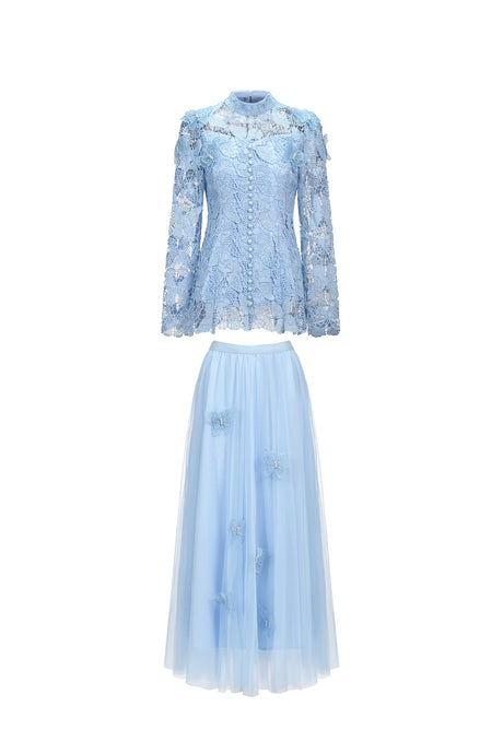 Valentina Blue Lace Two-Piece Dress Floral Accents High Neckline