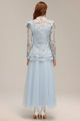 Valentina Blue Lace Two Piece Dress Floral Accents High Neckline