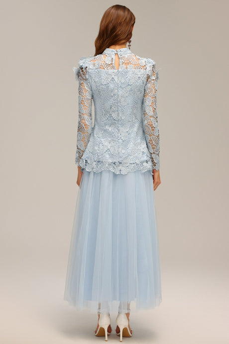 Valentina Blue Lace Two Piece Dress Floral Accents High Neckline