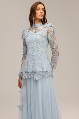 Valentina Blue Lace Two Piece Dress Floral Accents Romantic Silhouette Special Occasions High Neckline Statement Piece