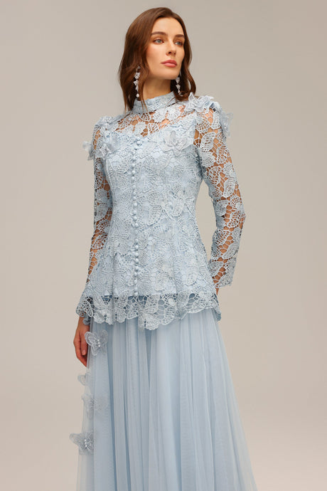 Valentina Blue Lace Two Piece Dress Floral Accents Romantic Silhouette Special Occasions High Neckline Statement Piece