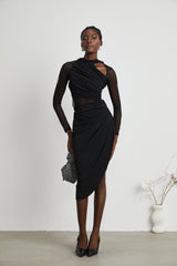 Valentina Midi Dress Black Sheer Mesh Ruched Asymmetric Hem Zip Detail