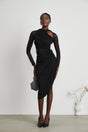 Valentina Midi Dress Black Sheer Mesh Ruched Asymmetric Hem Zip Detail
