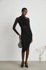 Valentina Midi Dress Black Sheer Mesh Ruched Asymmetric Hem Zip Detail