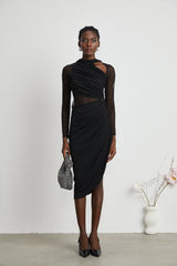 Valentina Midi Dress Black Sheer Mesh Ruched Asymmetric Hem Zip Detail