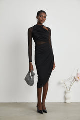 Valentina Midi Dress Black Sheer Mesh Ruched Asymmetric Hem Zip Detail