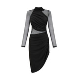 Valentina Midi Dress Black Sheer Mesh Ruched Asymmetric Hem Zip Detail