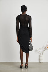 Valentina Midi Dress Black Sheer Mesh Ruched Asymmetric Hem Zip Detail