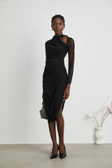 Valentina Midi Dress Black Sheer Mesh Ruched Asymmetric Hem Zip Detail
