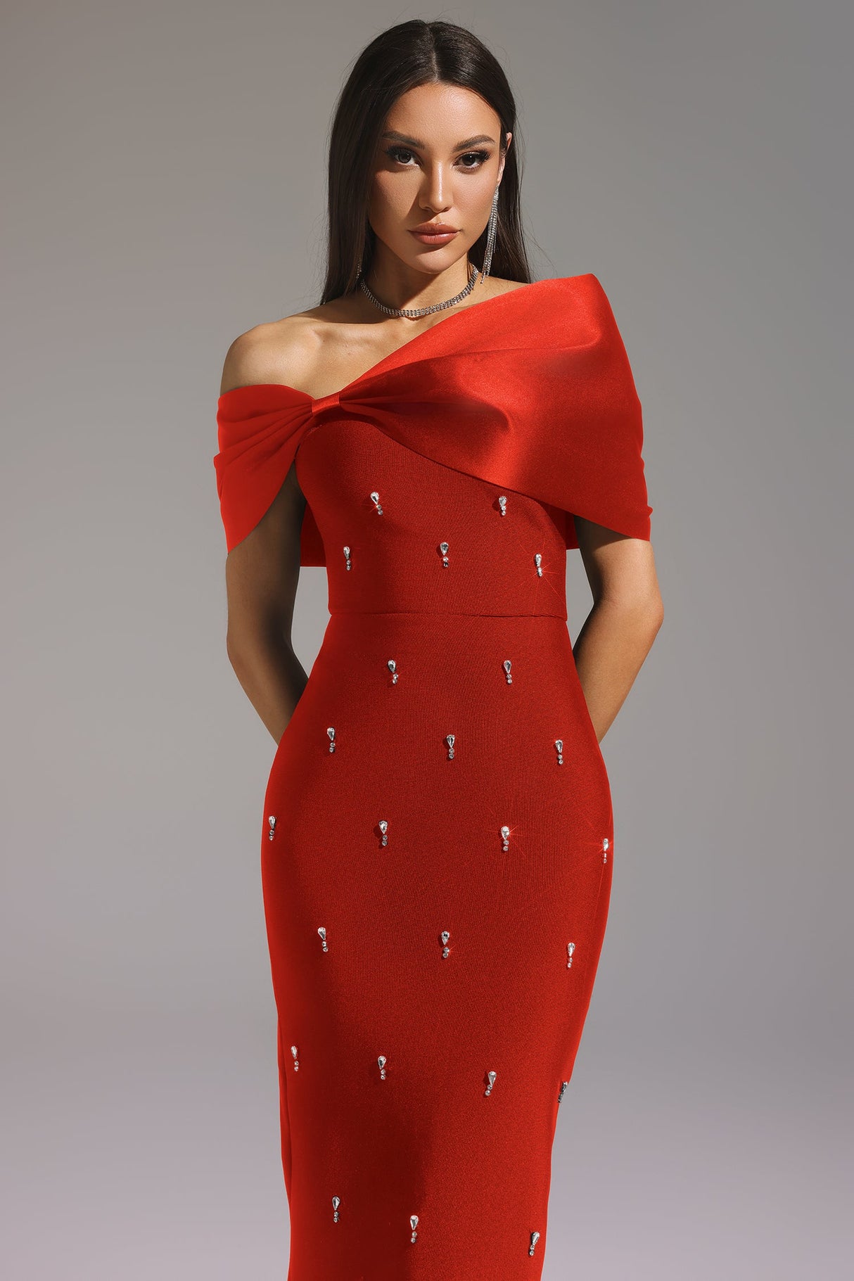 Valentina Red Diamond Detail One-Shoulder Dress