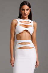 Valentina White Maxi Dress Hollow Out Design Asymmetrical Hemline