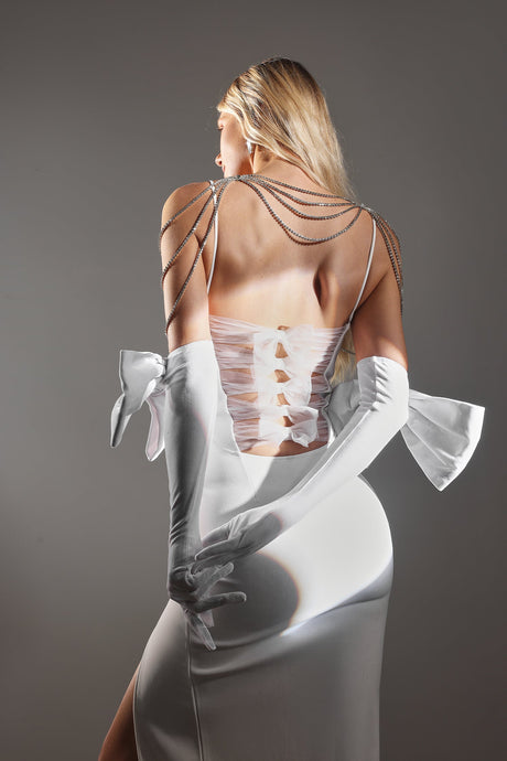 Valentina White Velvet Off-Shoulder Diamante Chain Dress with Side Slit