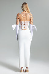 Valentina White Velvet Off-Shoulder Diamante Chain Dress with Side Slit