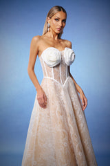 Valeria Beige Lace Maxi Dress with Floral Embellishments