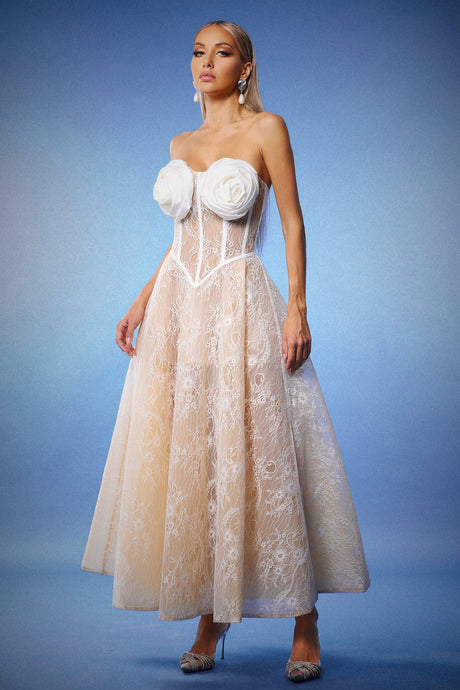 Valeria Beige Lace Maxi Dress with Floral Embellishments