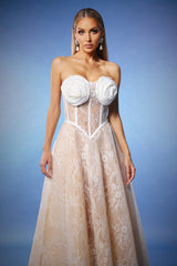 Valeria Beige Lace Strapless Maxi Dress with Floral Embellishments