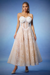 Valeria Beige Lace Strapless Maxi Dress with Floral Embellishments