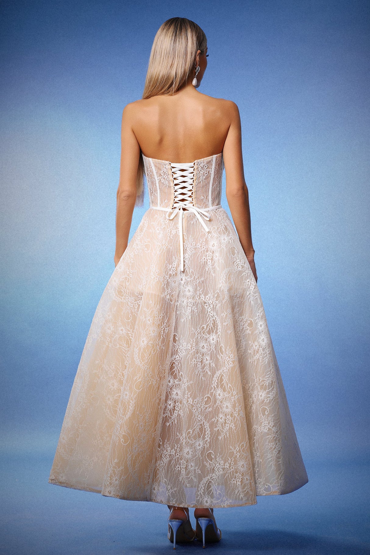 Valeria Beige Lace Strapless Maxi Dress with Floral Embellishments and Structured Bodice