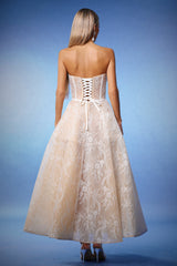 Valeria Beige Lace Strapless Maxi Dress with Floral Embellishments and Structured Bodice