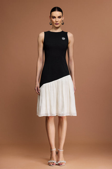 Valeria Black Asymmetric Flower Embellished Dress