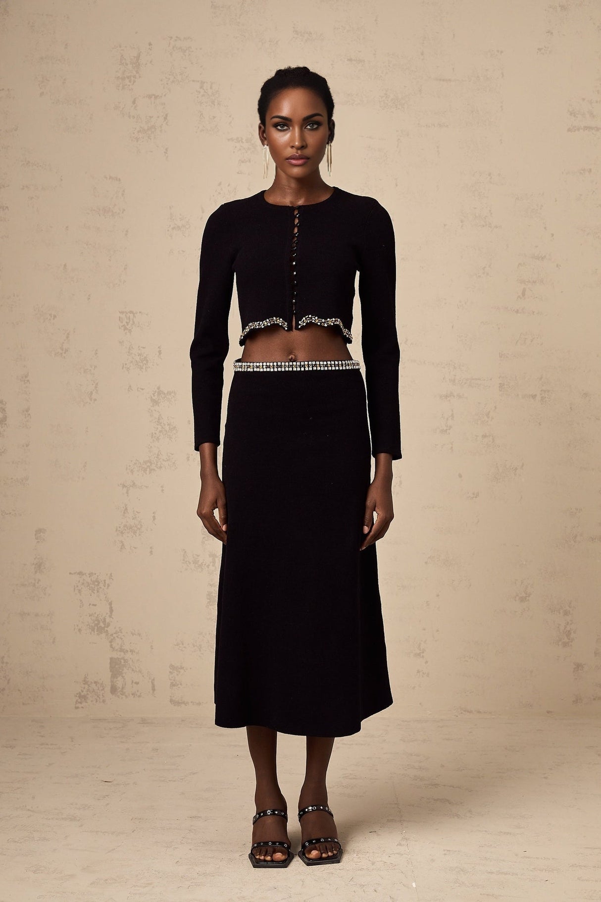 Valeria Cardigan & Skirt Black Crystal Embellished Matching Set