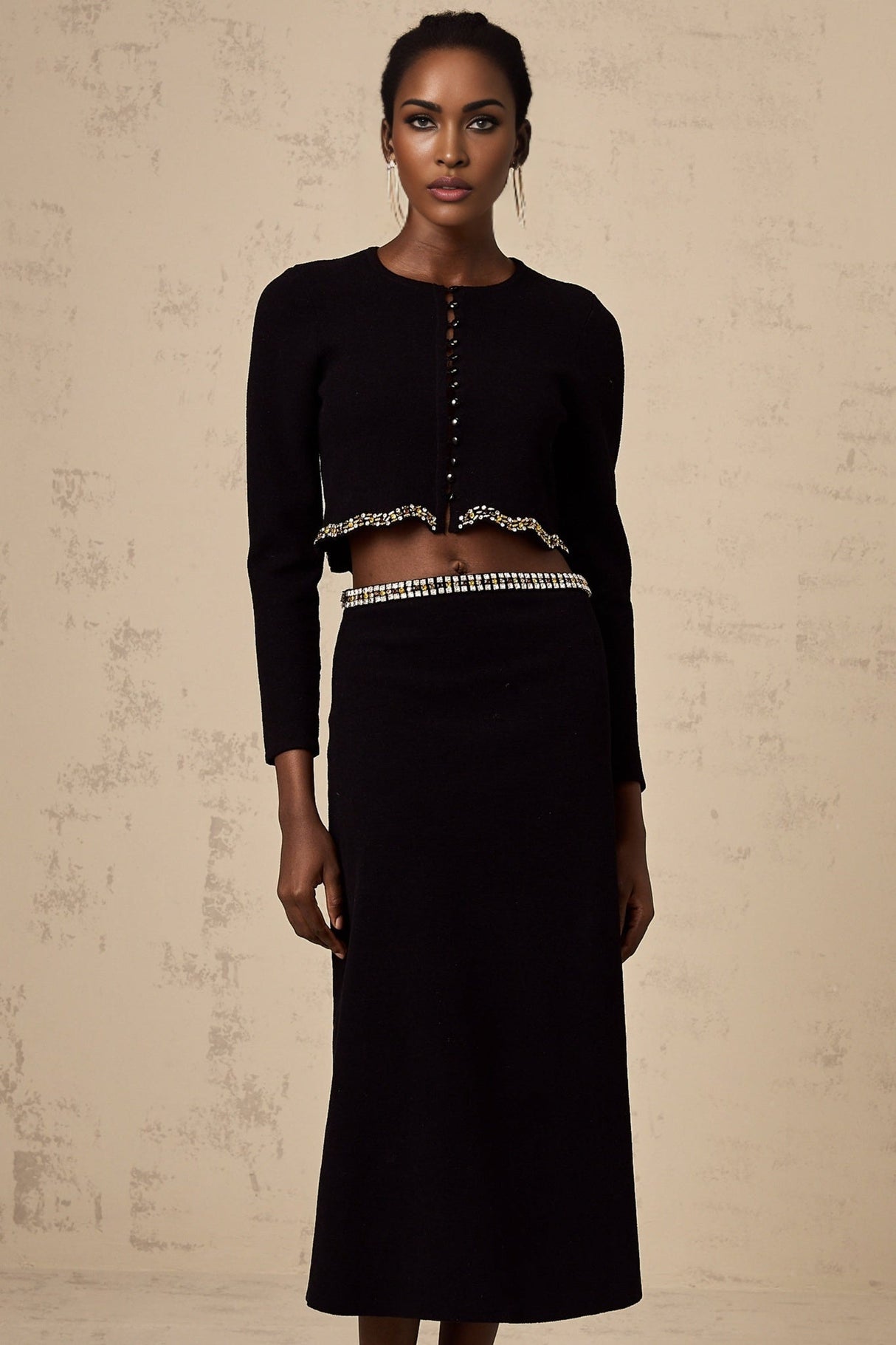 Valeria Cardigan & Skirt Black Crystal Embellished Matching Set