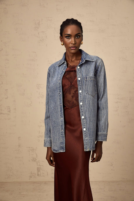 Valeria Denim Shirt Blue Rhinestone Striped Embellished