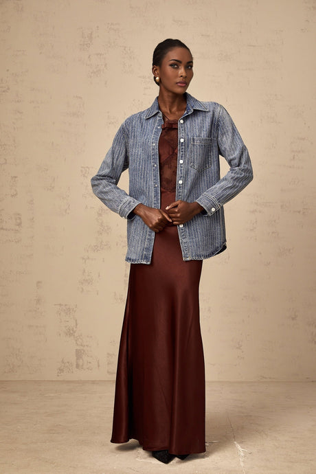 Valeria Denim Shirt Blue Rhinestone Striped Embellished