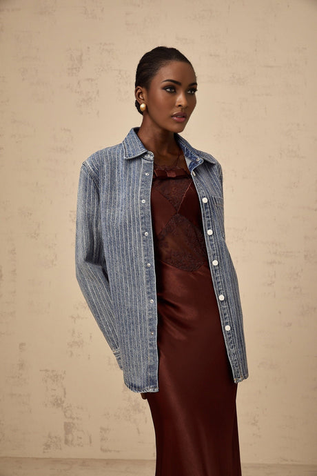 Valeria Denim Shirt Blue Rhinestone Striped Embellished