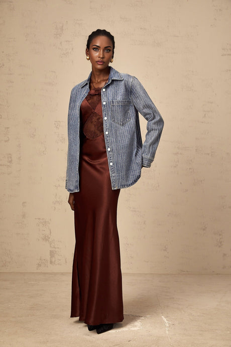 Valeria Denim Shirt Blue Rhinestone Striped Embellished