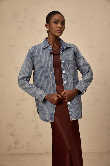 Valeria Denim Shirt Blue Rhinestone Striped Embellished