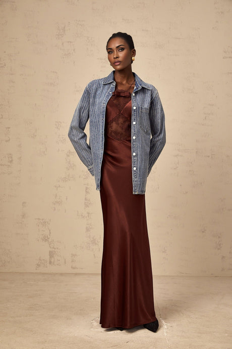 Valeria Denim Shirt Blue Rhinestone Striped Embellished