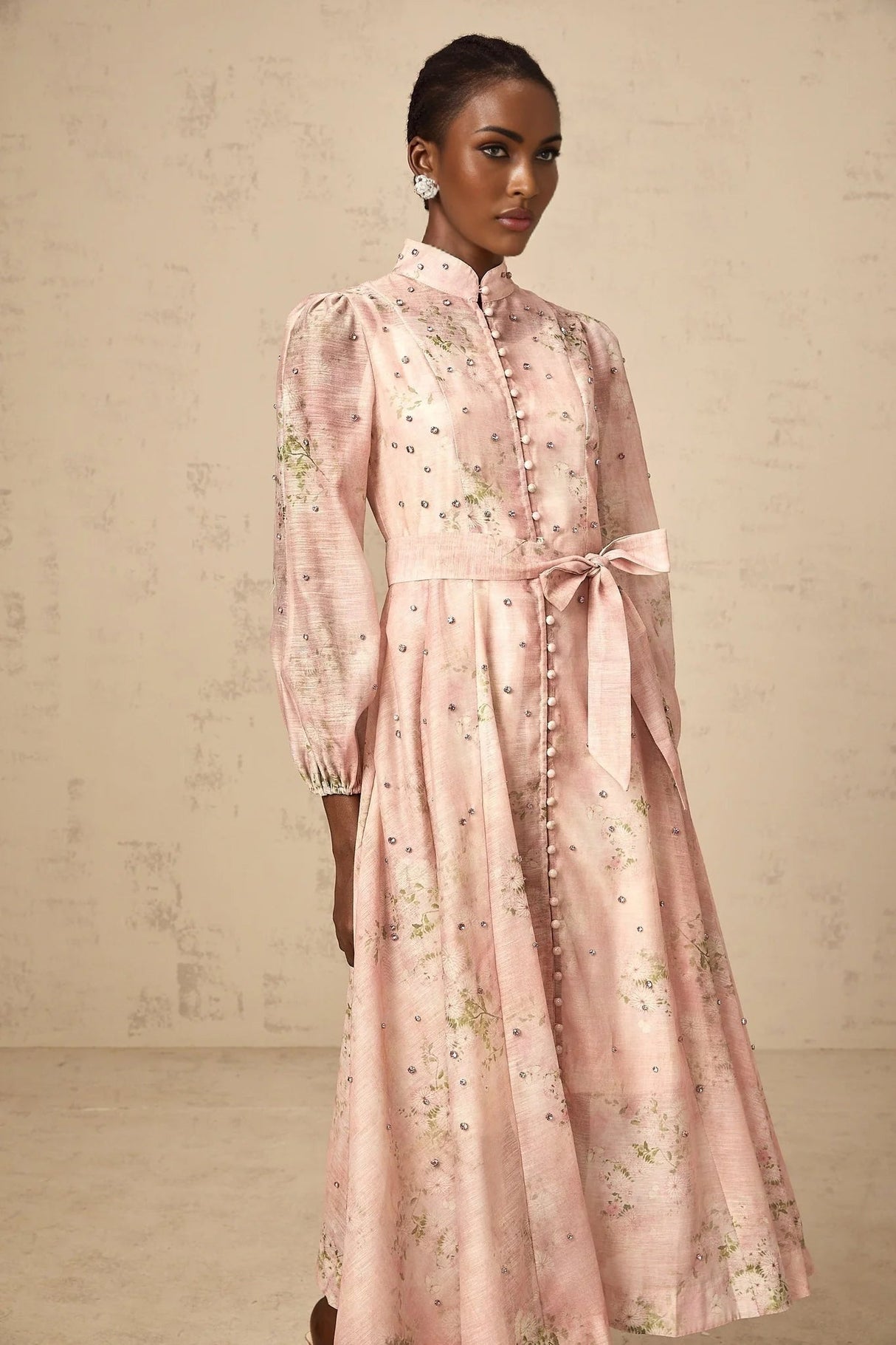 Valeria Midi Dress Floral Crystal Embellished Pink