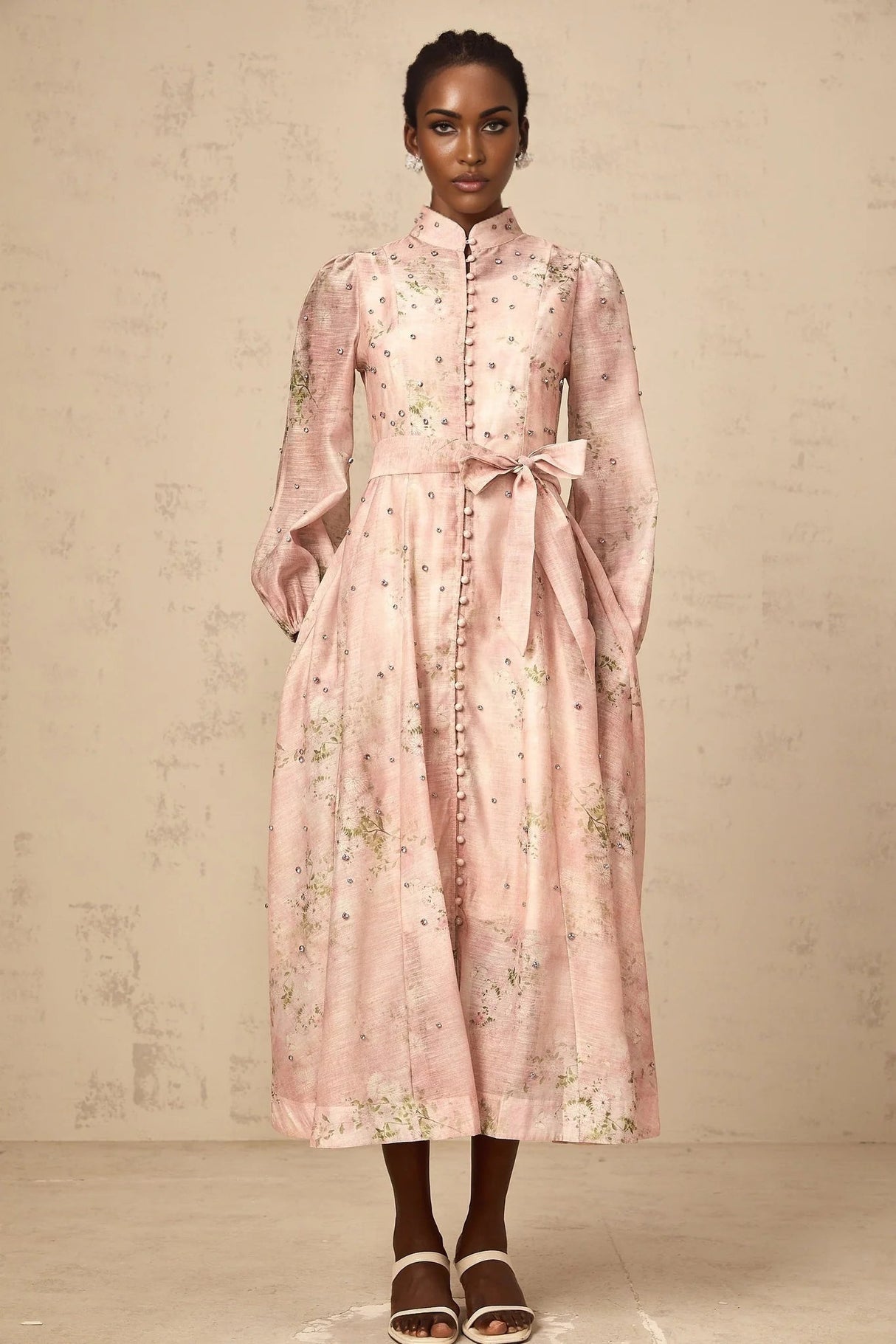 Valeria Midi Dress Floral Crystal Embellished Pink